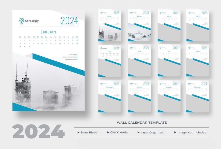 PSD plantilla de calendario de pared 2024 planificador de calendario de pared