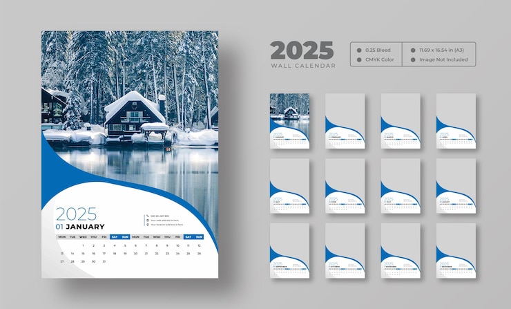 PSD plantilla de calendario de pared 2025 planificador de horarios de calendario de paredes de negocios corporativos