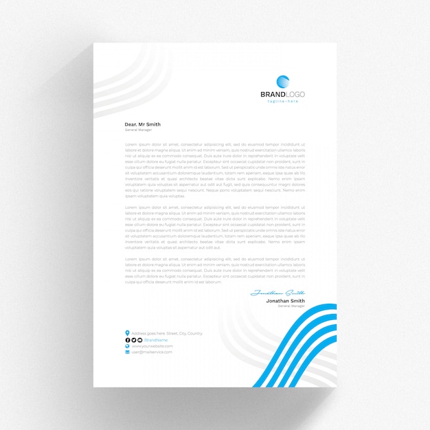 Plantilla de carta blanca con detalles azules y grises