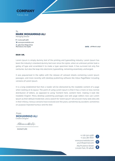 Plantilla de carta de negocios profesional con diseño azul y blanco limpio