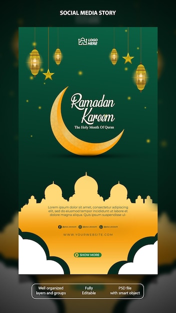 Plantilla de cartel a4 de ramadan kareem con color verde y dorado