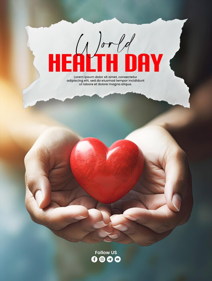 PSD plantilla de cartel del día mundial de la salud con un fondo mano que sostiene un corazón rojo