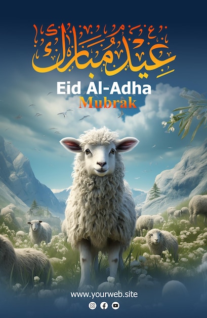 Plantilla de cartel de eid al adha mubarak con fondo de oveja