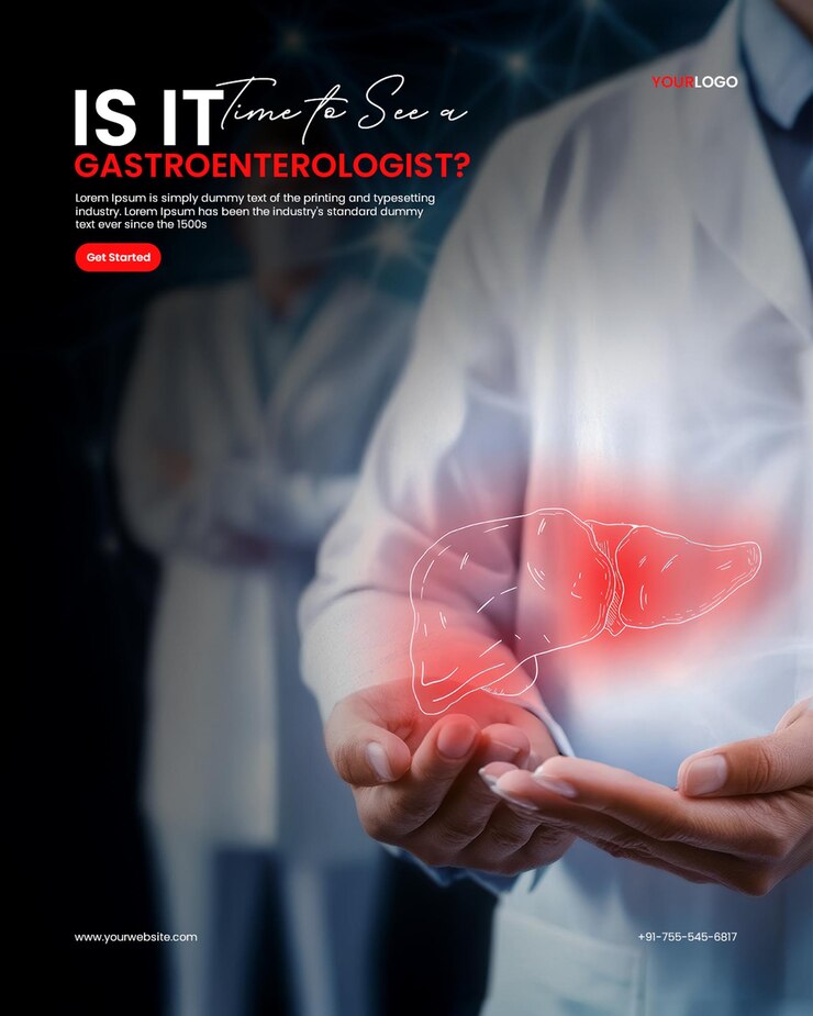 PSD plantilla de cartel de enfermedad de crohn de hemorroides con un médico sosteniendo una ilustración de un hígado humano brillante que irradia energía y salud