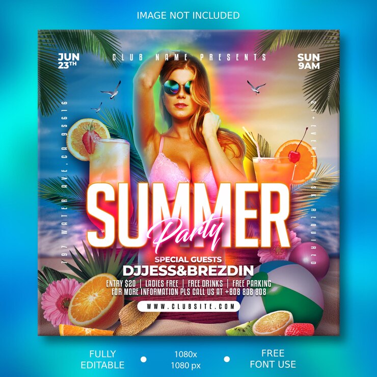 plantilla de cartel de fiesta de verano con fondo realista para la temporada de verano