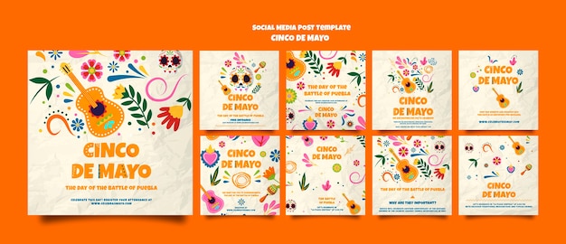 PSD plantilla de cartel de instagram de cinco de mayo de diseño plano