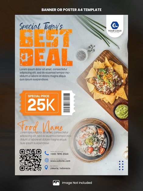 Plantilla de cartel o cartel A4 del menú de comida de la mejor oferta de hoy