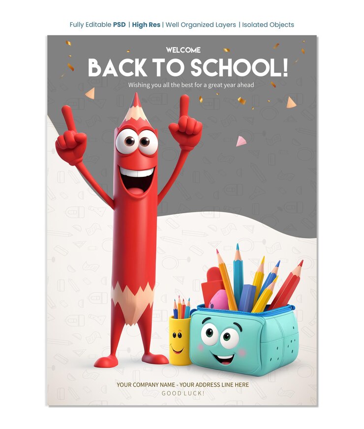 Plantilla de cartel de regreso a la escuela con lápiz rojo 3D y personajes de bolsas de lápiz con lápices de colores