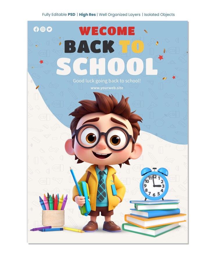 Plantilla de cartel de regreso a la escuela con personaje de niño en 3D con libros, despertador y colores de lápiz de colores