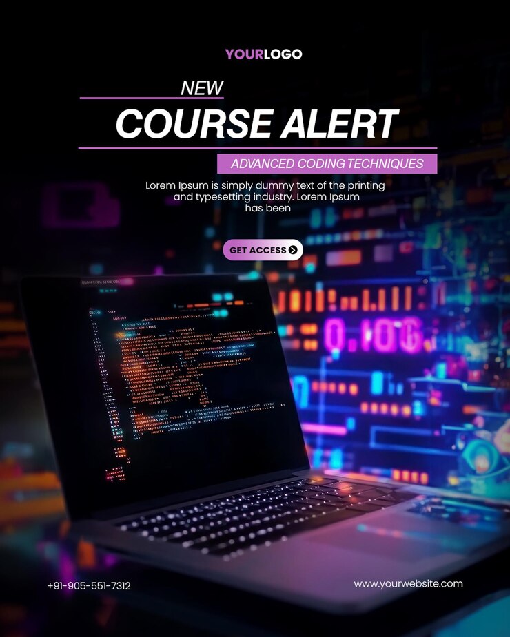 plantilla de cartel de taller de aprendizaje de programación en línea con portátil con visualización de programación en un fondo borroso