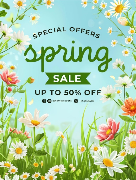 Plantilla de cartel de venta de primavera con con un fondo de flores y hierba en primavera