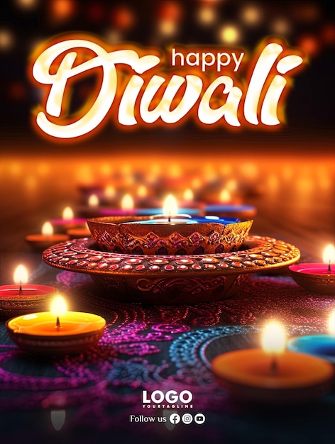 PSD plantilla de cartel vertical del festival feliz diwali