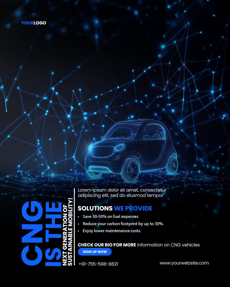 PSD plantilla de cartel de viaje de automóvil de servicio con representación 3d de un automóvil inteligente en un mundo digital con líneas y puntos brillantes azules