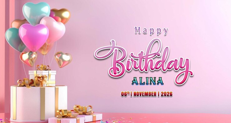 PSD plantilla de celebración de cumpleaños con globo en forma de corazón y caja de regalos en el podio