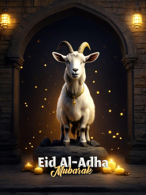 Plantilla de celebración de eid al adha de psd y texto editable con cabra