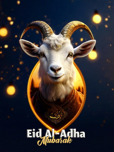 Plantilla de celebración de eid al adha de psd y texto editable con cabra