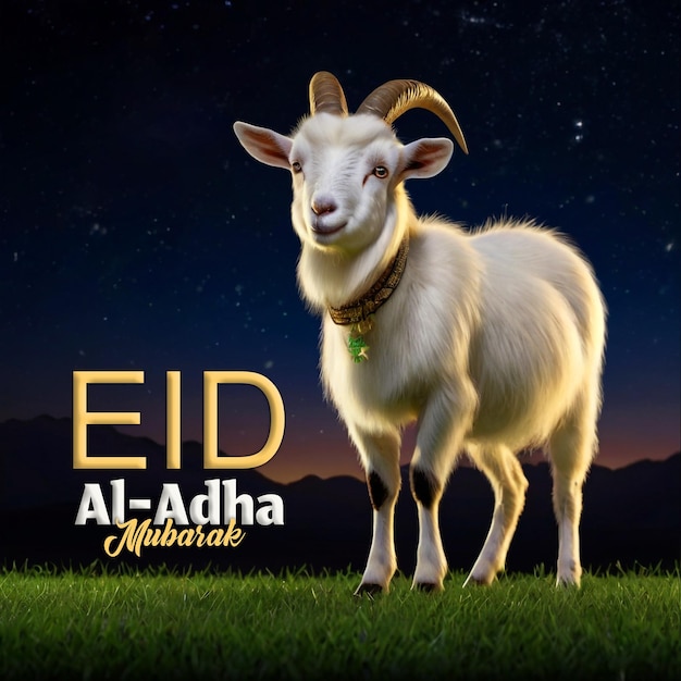 Plantilla de celebración de eid al adha de psd y texto editable con cabra