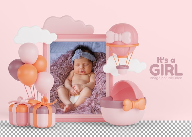 Plantilla de celebración de nacimiento para niña 3d render