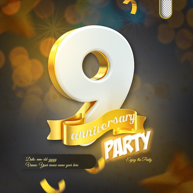 plantilla de celebración del noveno aniversario de renderización 3D y objeto 3D para composición