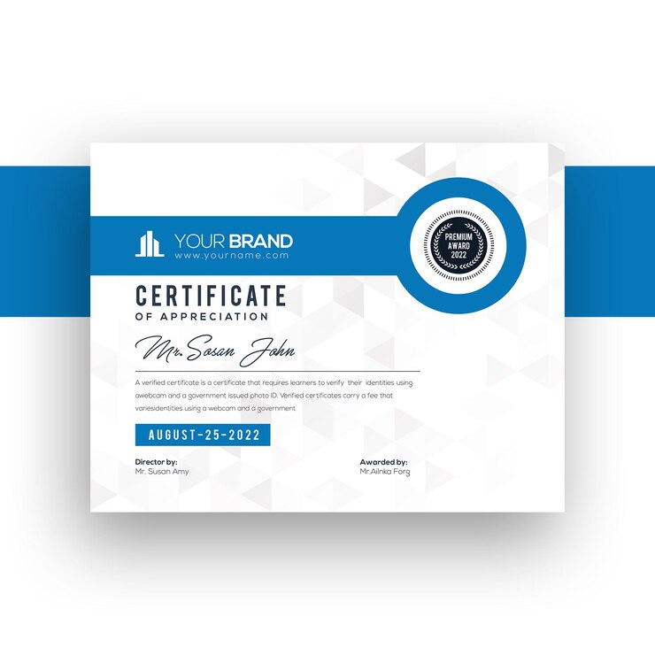 PSD plantilla de certificado moderno degradado de empresa corporativa azul