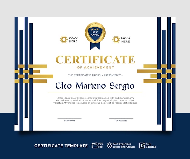 plantilla de certificado moderno oro azul