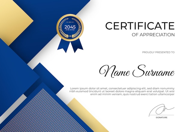 Plantilla de certificado de oro azul simple y moderno para el seminario web de educación de escuelas corporativas de negocios