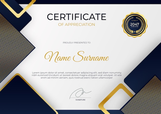 Plantilla de certificado de reconocimiento de oro azul moderno Traje para premio educación empresarial corporativa