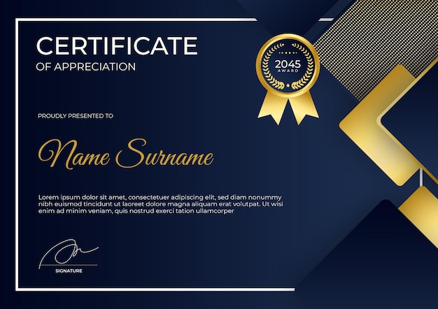 Plantilla de certificado de reconocimiento de oro azul moderno Traje para premio educación empresarial corporativa