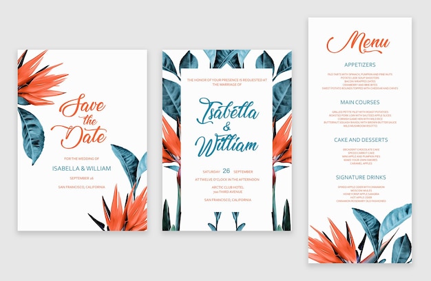 Plantilla de conjunto de tarjetas de invitación de boda tropical