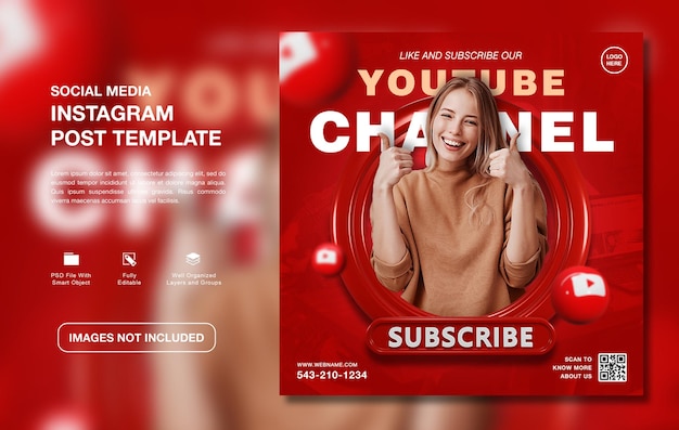 PSD plantilla creativa de publicación de instagram de promoción de canal de youtube