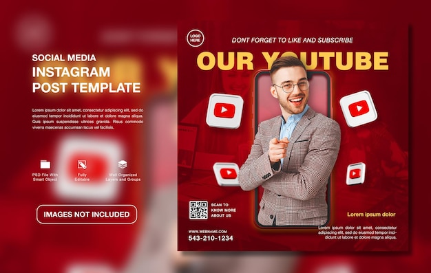 Plantilla creativa de publicación de instagram de promoción de canal de youtube