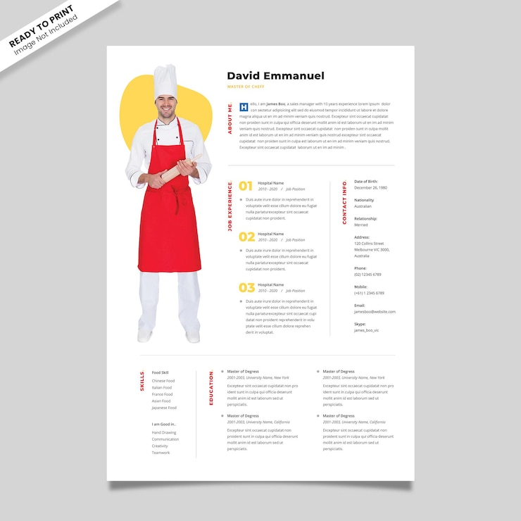 PSD plantilla de currículum de chef