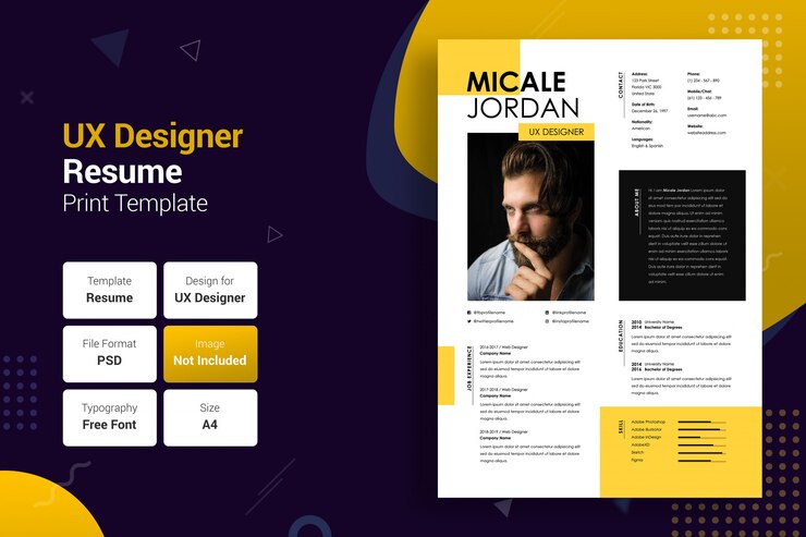 PSD plantilla de currículum profesional uxer amarillo y negro