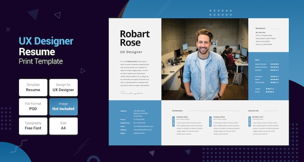PSD plantilla de currículum profesional uxer blue & black