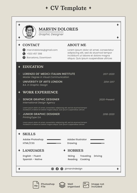 PSD plantilla de cv diseño minimalista y moderno para entrevistas de trabajo