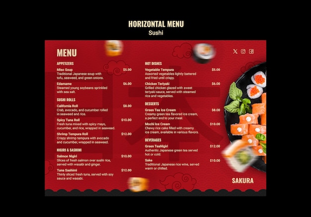 La plantilla de la deliciosa comida de sushi