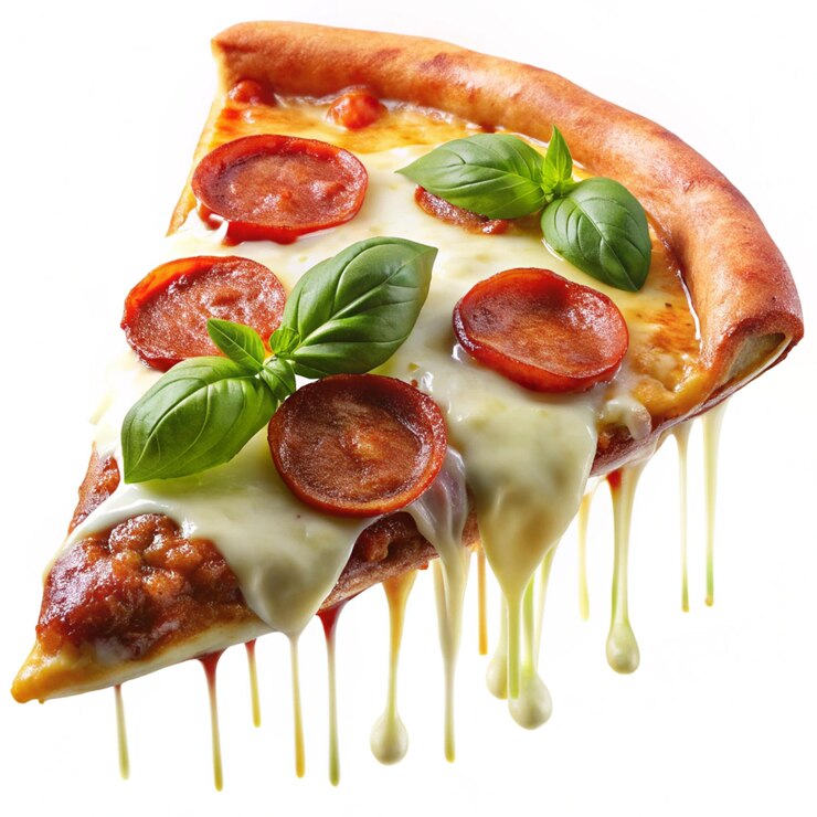PSD plantilla con deliciosa rebanada sabrosa de pizza de pepperoni volando sobre un fondo blanco