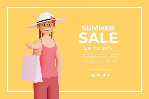 PSD plantilla de descuento de venta de verano 3d con personaje femenino 3d