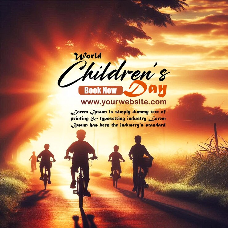 plantilla del Día Mundial de la Infancia con niños montando bicicletas en un parque