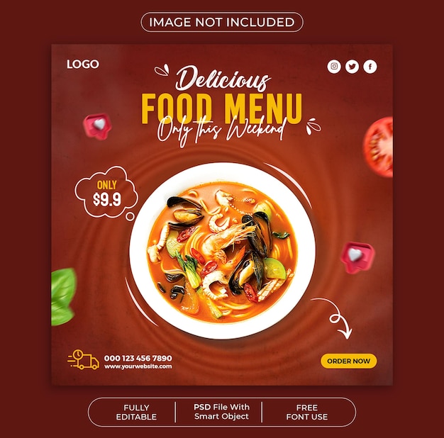 Plantilla de diseño de banner de promoción de redes sociales de menú de comida de restaurante delicioso