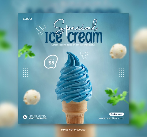 PSD plantilla de diseño de banner de publicación de redes sociales de delicioso helado especial y banner cuadrado de instagram