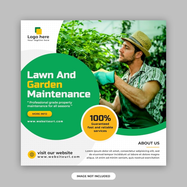 Plantilla de diseño de banner web y publicación de redes sociales de mantenimiento de césped y jardín