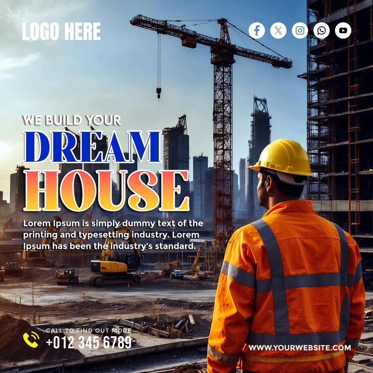 plantilla de diseño de banners y carteles de redes sociales para servicios de construcción y vivienda