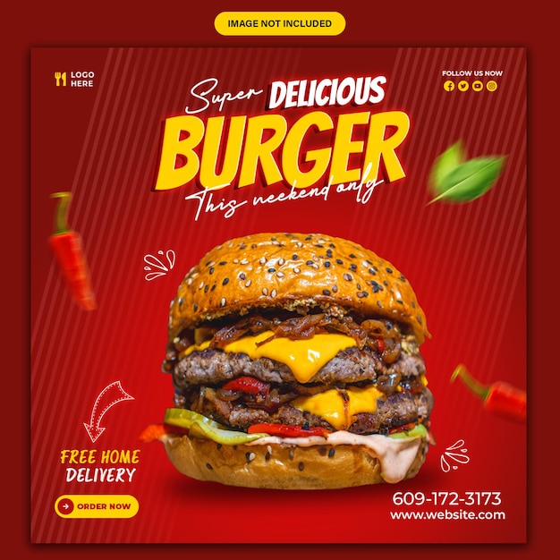 La plantilla de diseño de banners de las redes sociales de hamburguesas de comida deliciosa.