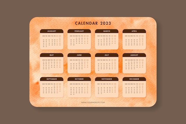 Plantilla de diseño de calendario acuarela naranja 2023