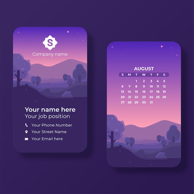 Plantilla de diseño de calendario de paisaje de tarjeta de visita