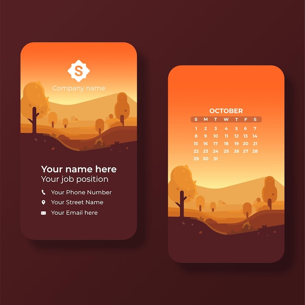 Plantilla de diseño de calendario de paisaje de tarjeta de visita