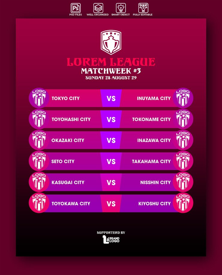 PSD plantilla de diseño de calendario de partidos de la liga de fútbol