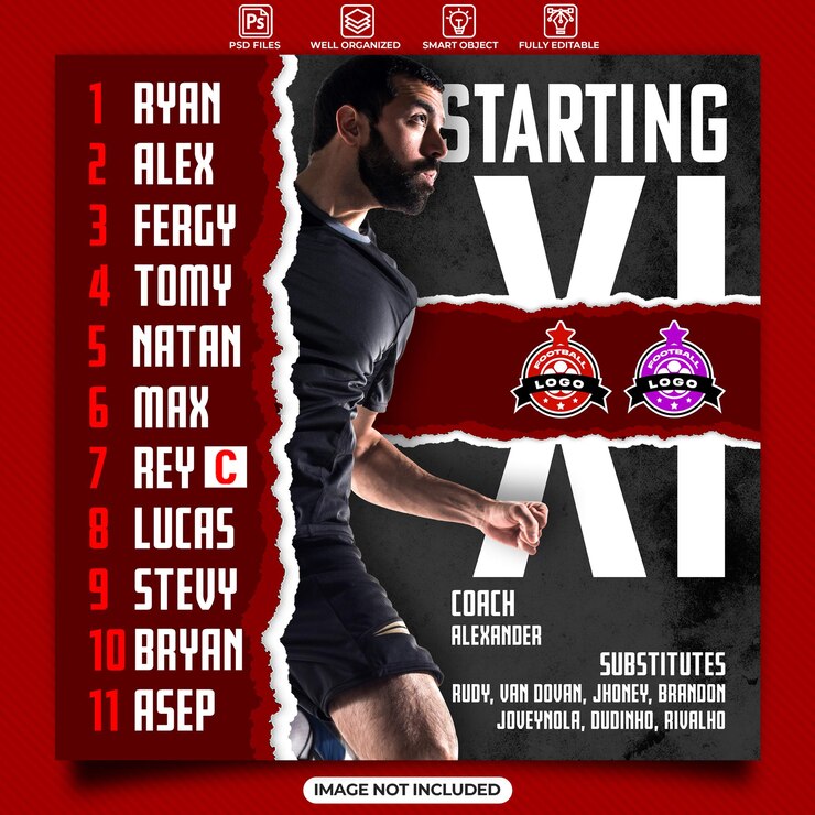 PSD plantilla de diseño de cartel de equipo inicial de fútbol once