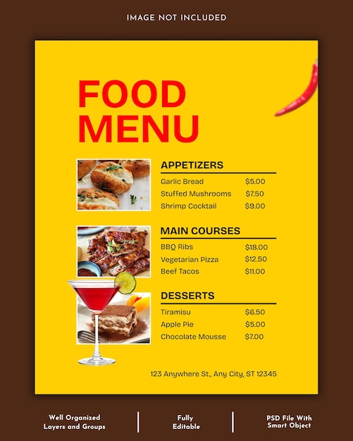 Plantilla de diseño de cartel de menú de comida de restaurante